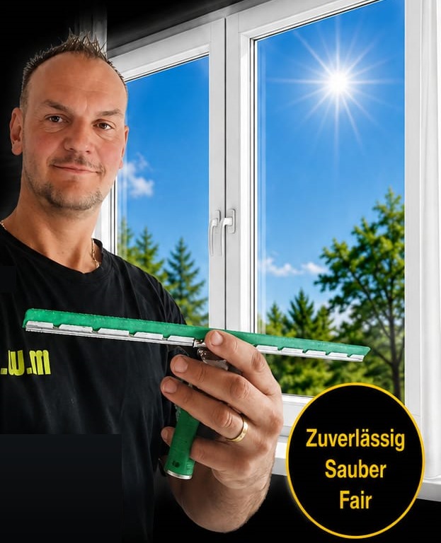 Martin Wojtyniak mit Fensterabzieher vor einem frisch geputzten Fenster